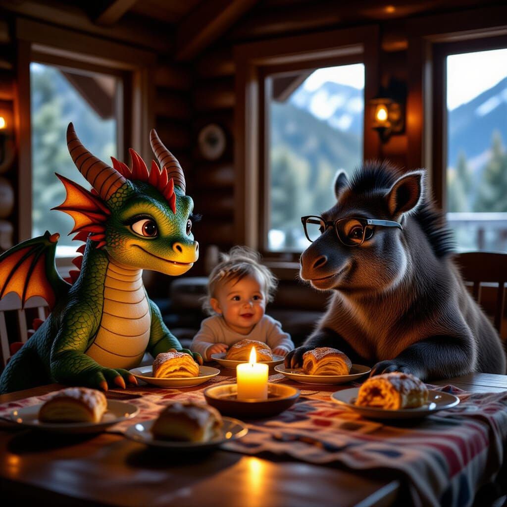 Baby Dragons and Tapir Enjoy Apple Strudel in Cozy Cabin