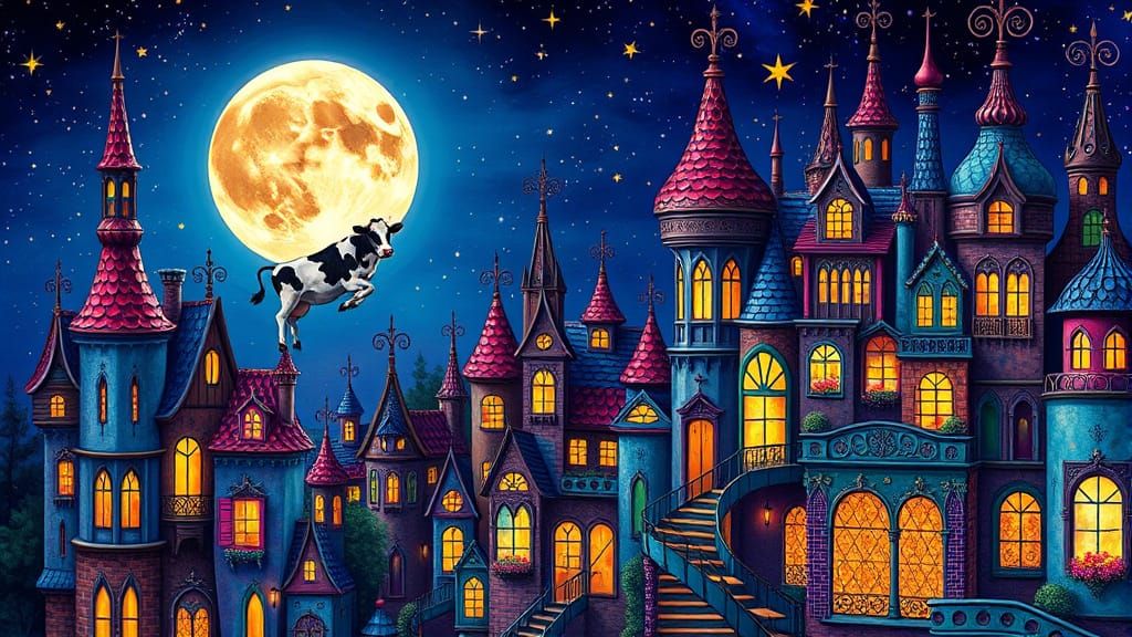 Whimsical Cityscape on Starry Moon, Digital Art