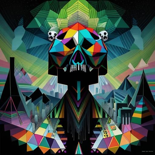 Rainbow Geometric Skull in Pop Surrealist Style