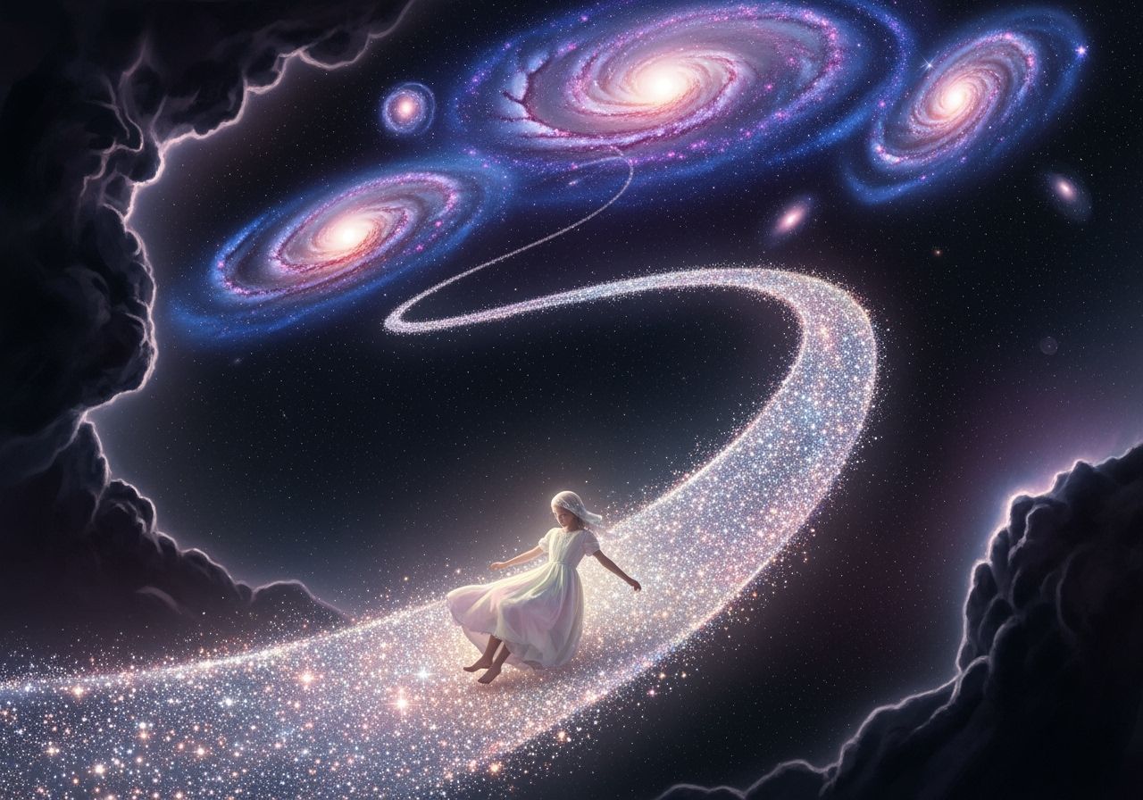 Child Slides on Stardust Ribbon in Fantasy Art Style
