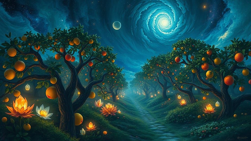 Bioluminescent Orchard Under Nebula Sky in Surreal Style