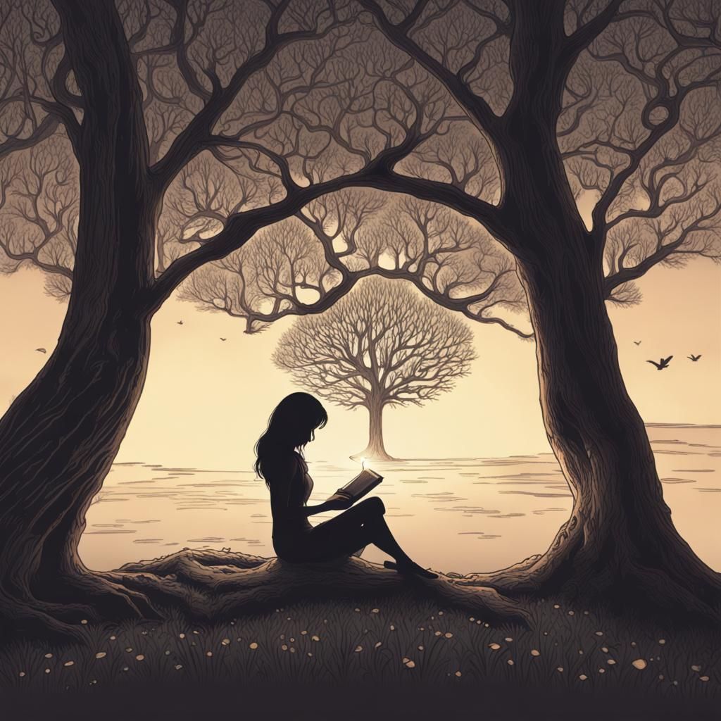 Girl Reading on Tree at Night: Animation