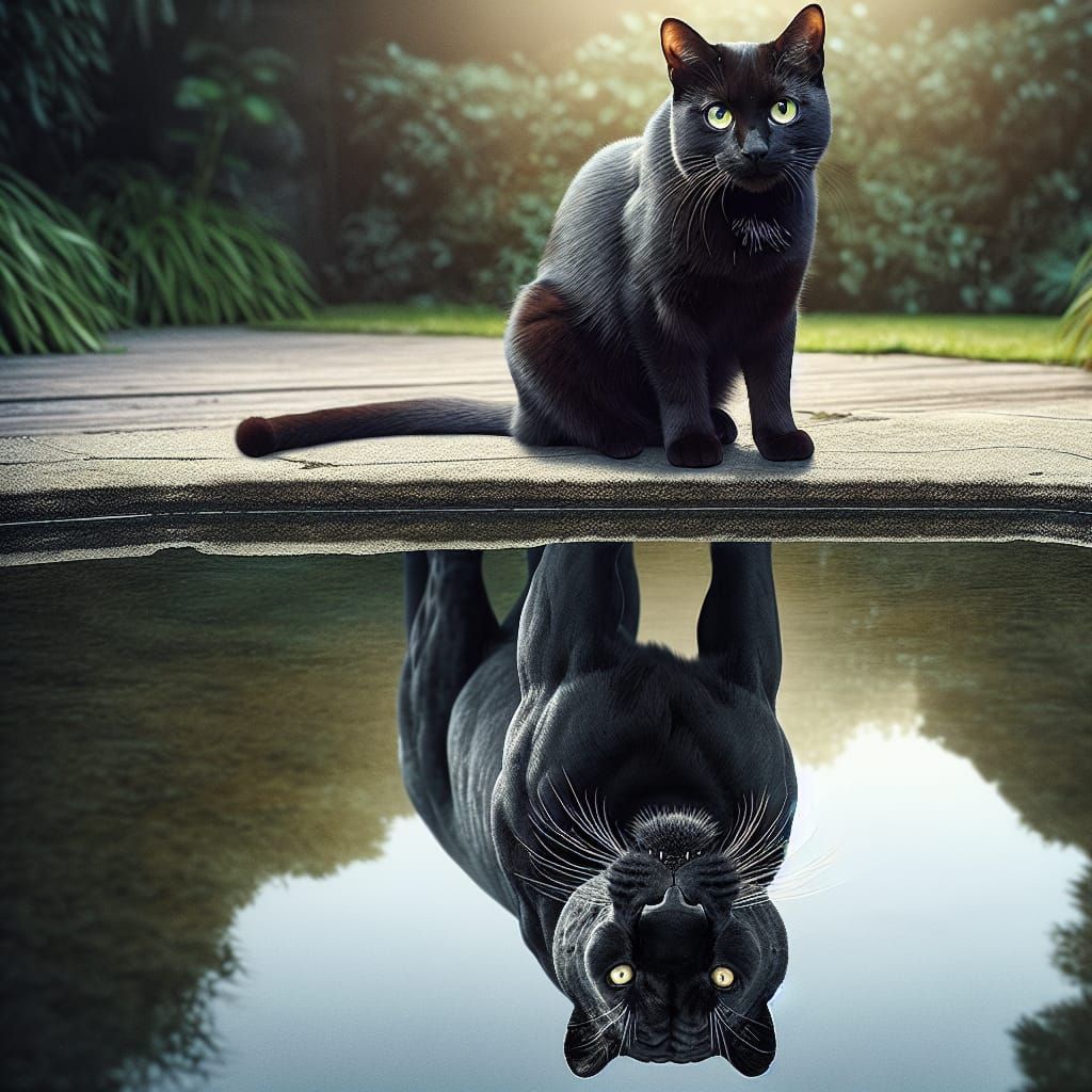 Cat Stares at Panther Reflection in Pond