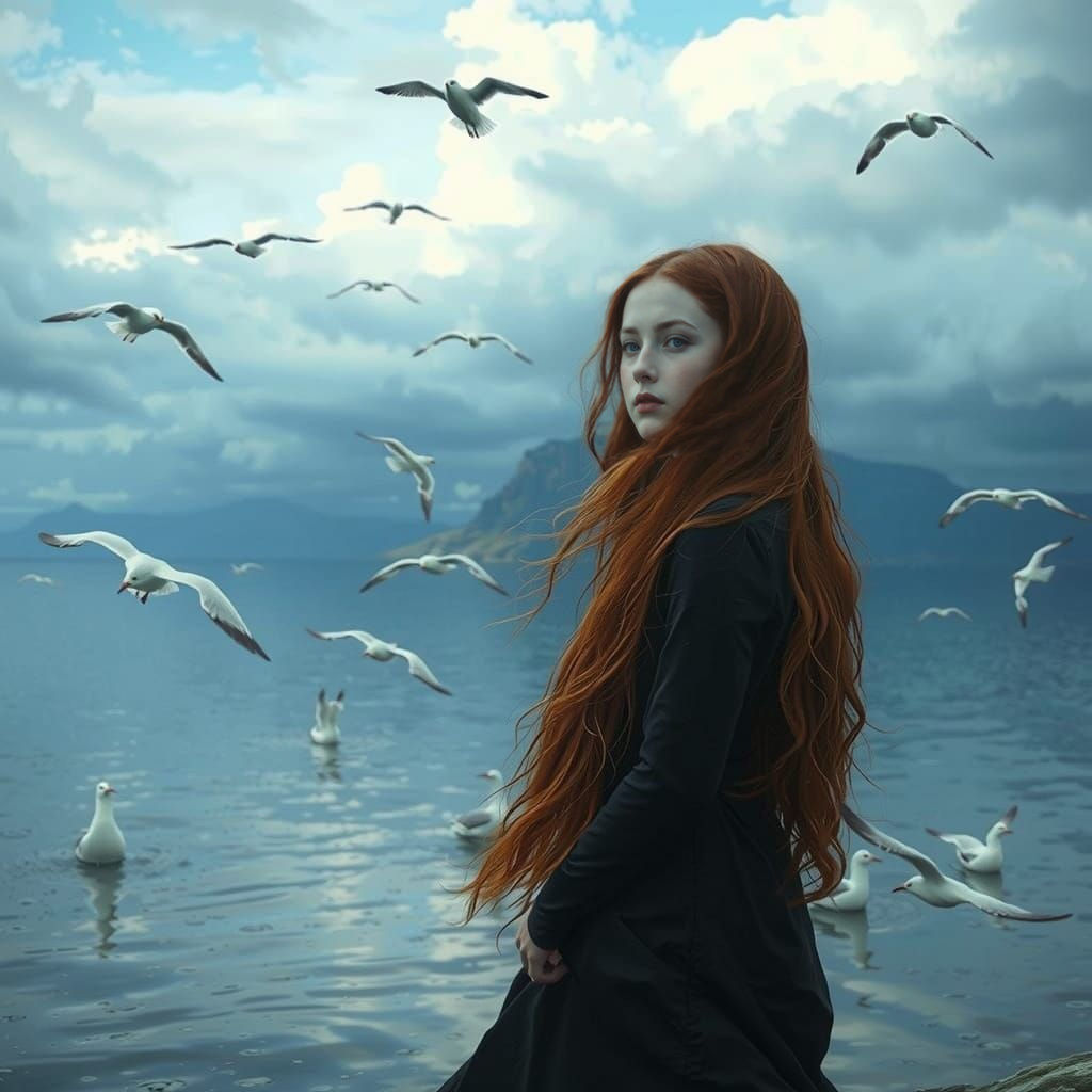 Hyperrealistic Sea with Girl, Seagulls, and Fjord in Monet S...