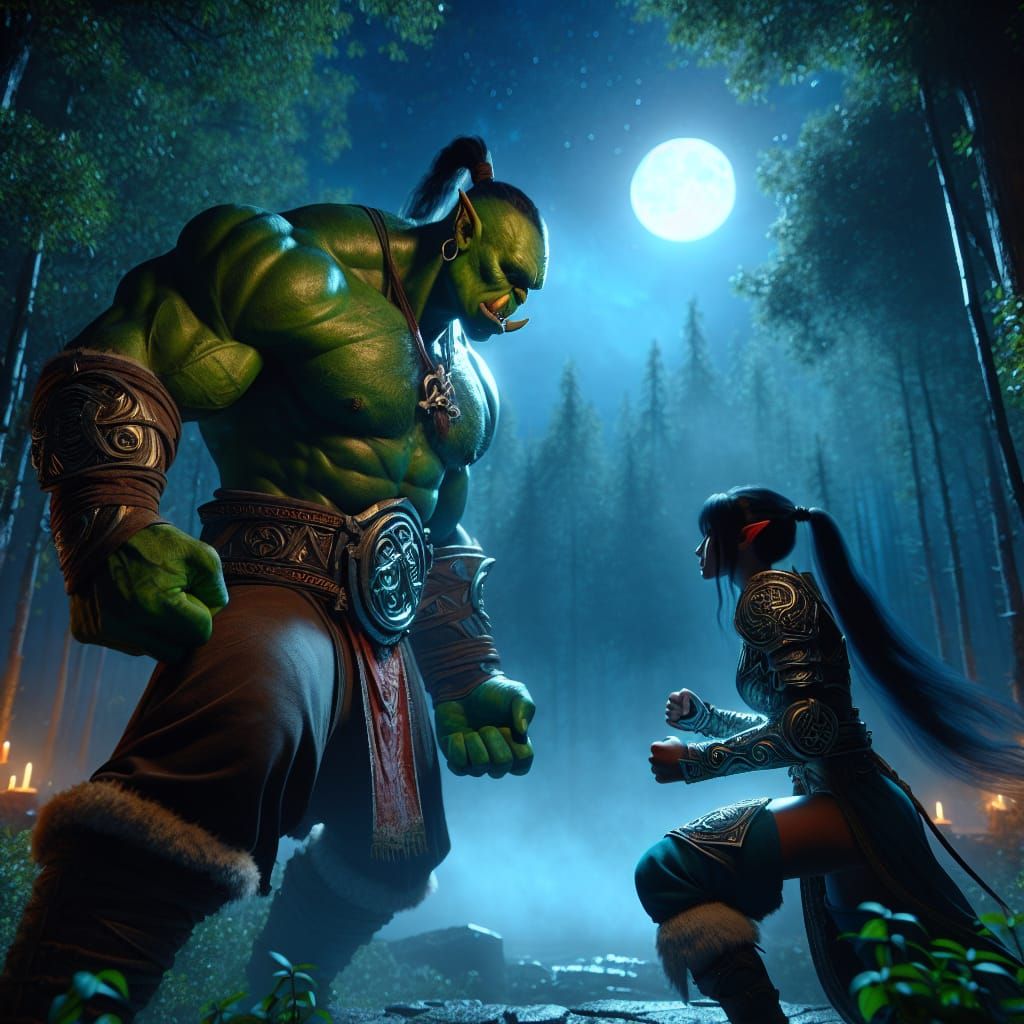 Half-Orc Monk vs Warrior Woman in 3D