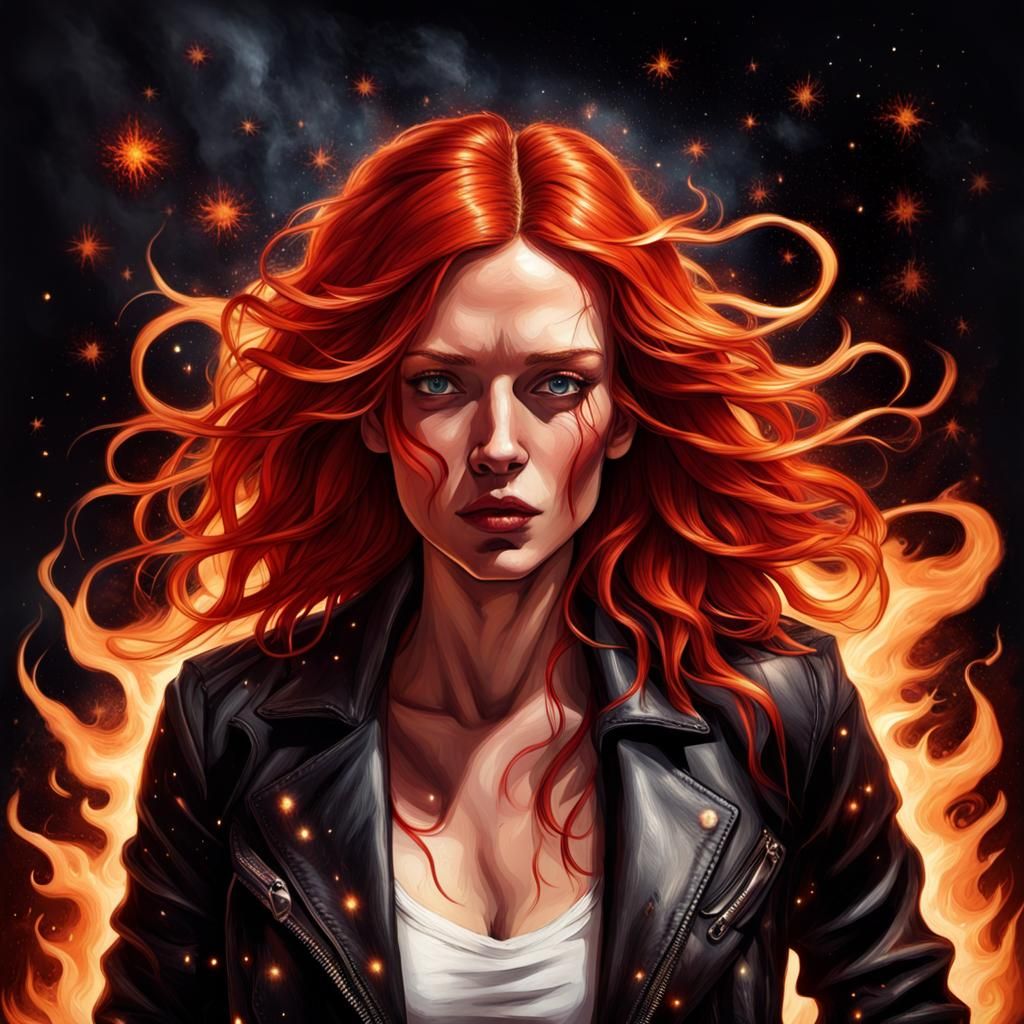 Powerful Woman with Fiery Hair in Pyrography Style