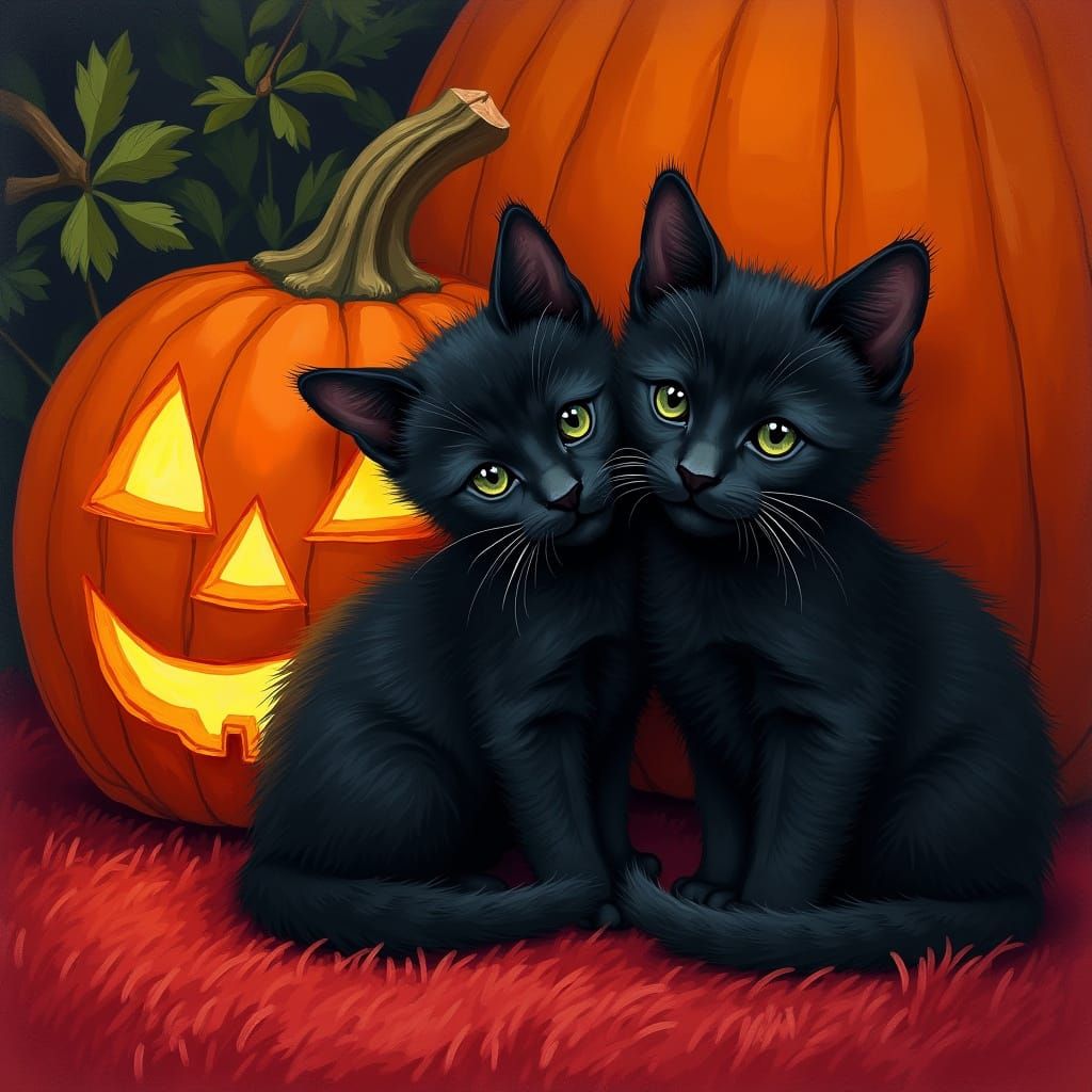 Adorable Black Kittens Near Glowing Jack-o'-lantern