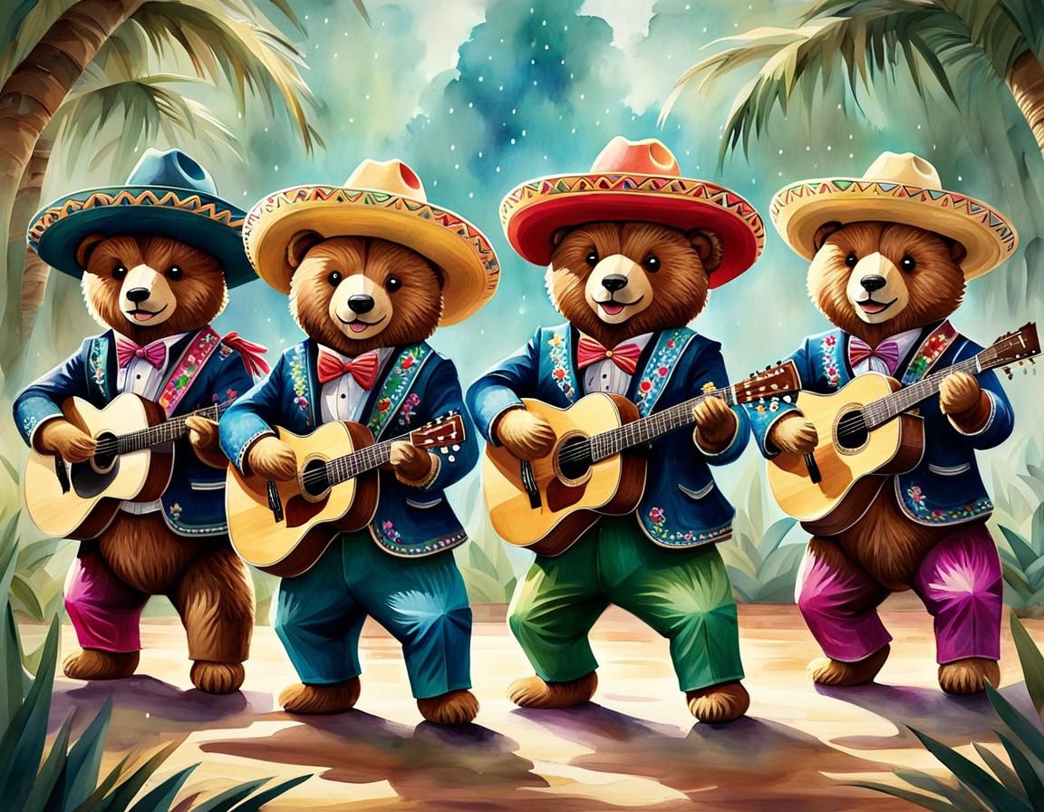 Teddy Bear Mariachi Band in Watercolor Style
