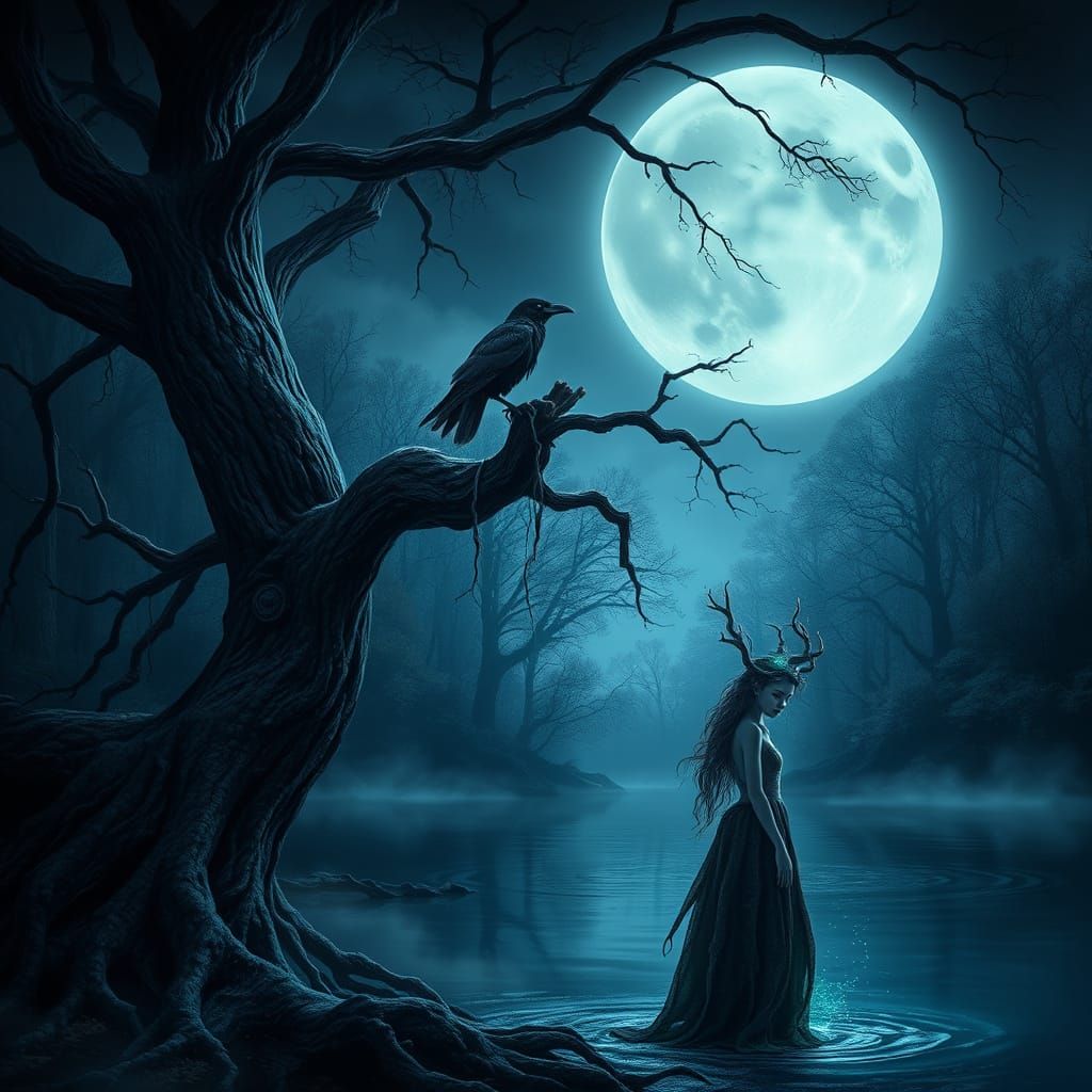 Mystical Forest Night With Dryad and Raven