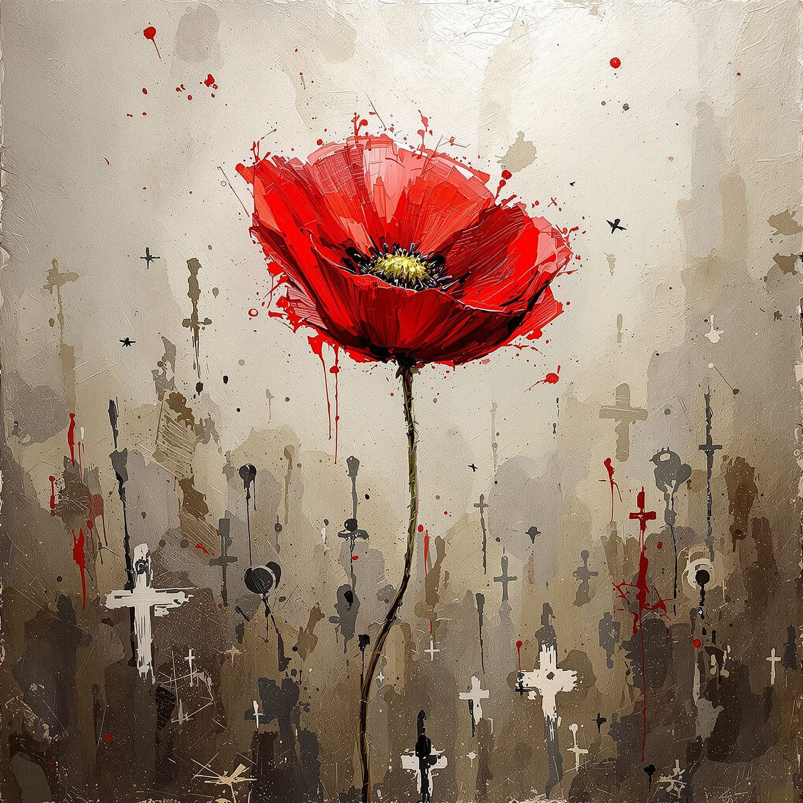 Vibrant Poppy Impasto Painting of WWI Abstract Memories