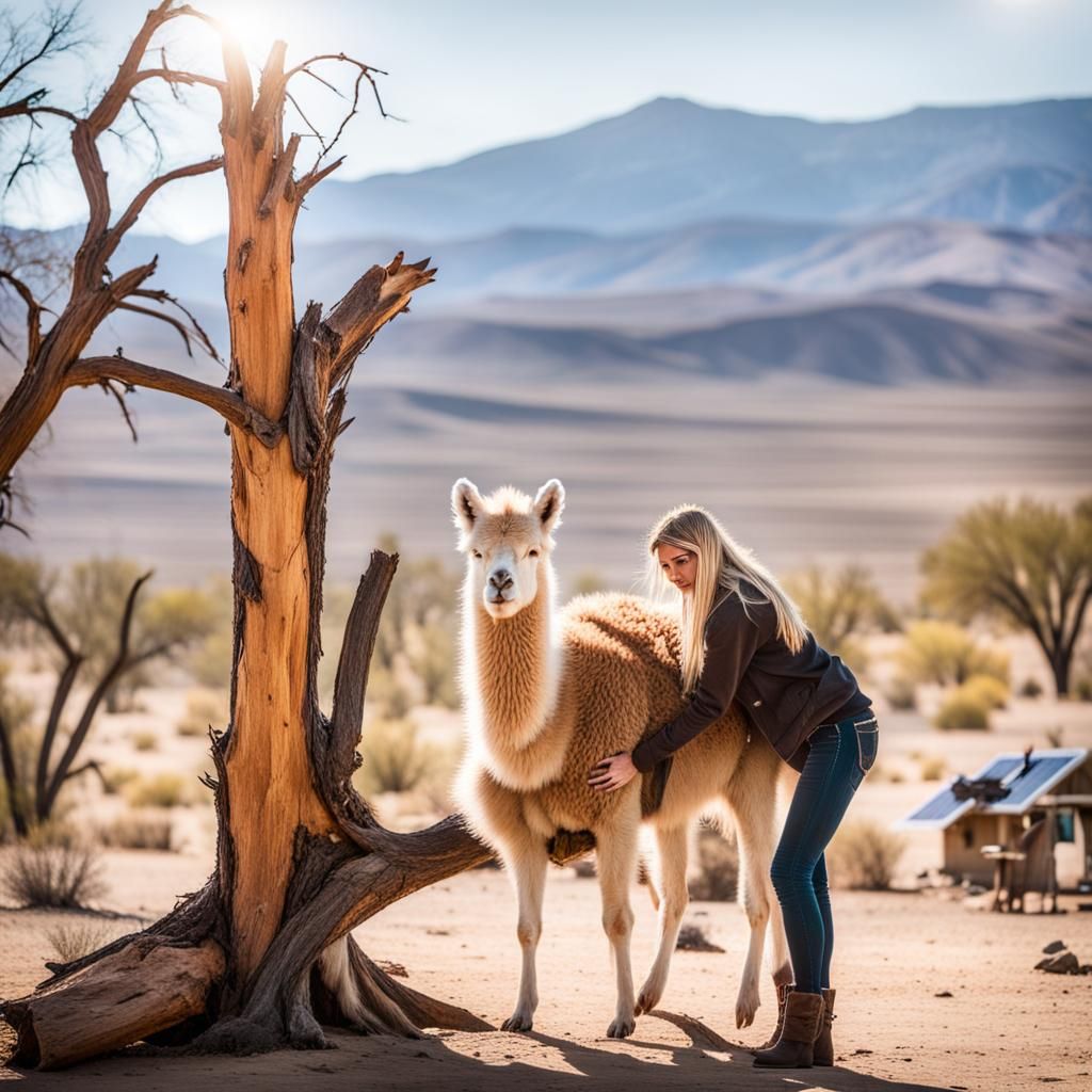 Surreal Desert Scene with Adobe House and Llama