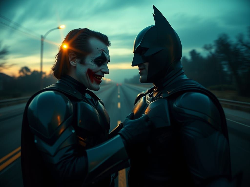 Batman and Joker Embrace in Dreamy Haze