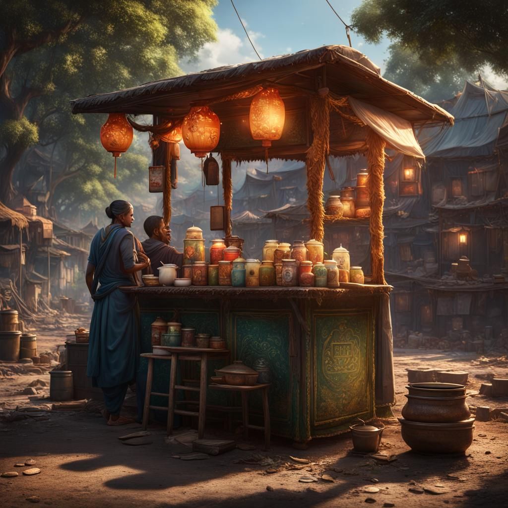 Village Roadside Tea Stall: Detailed Matte Painting