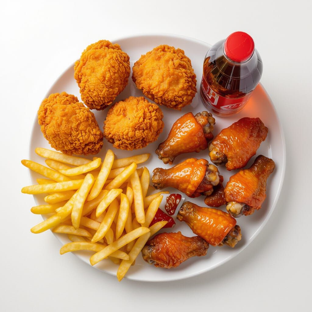 Fast Food Meal: Fried Chicken, Wings, Fries, and Drink