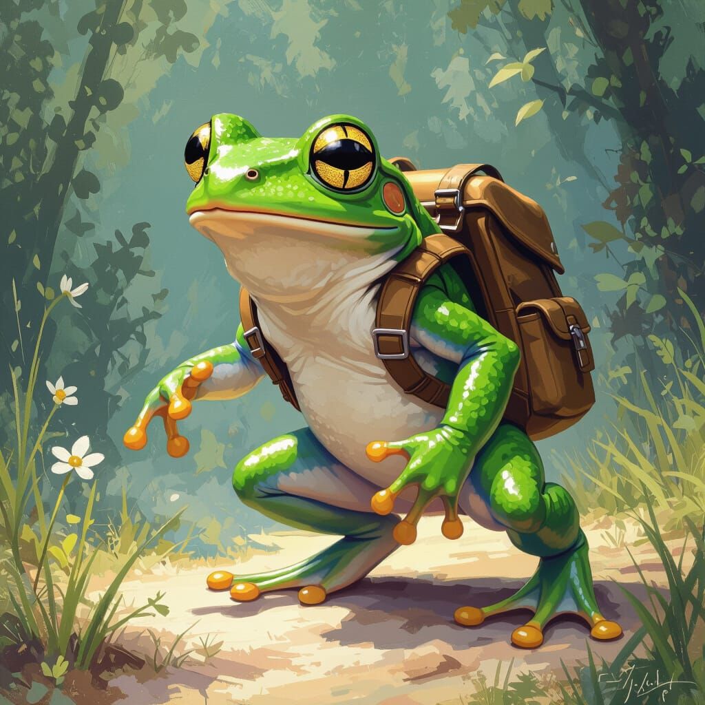 Adventurous Frog Ready to Leap in Dreamlike Scene