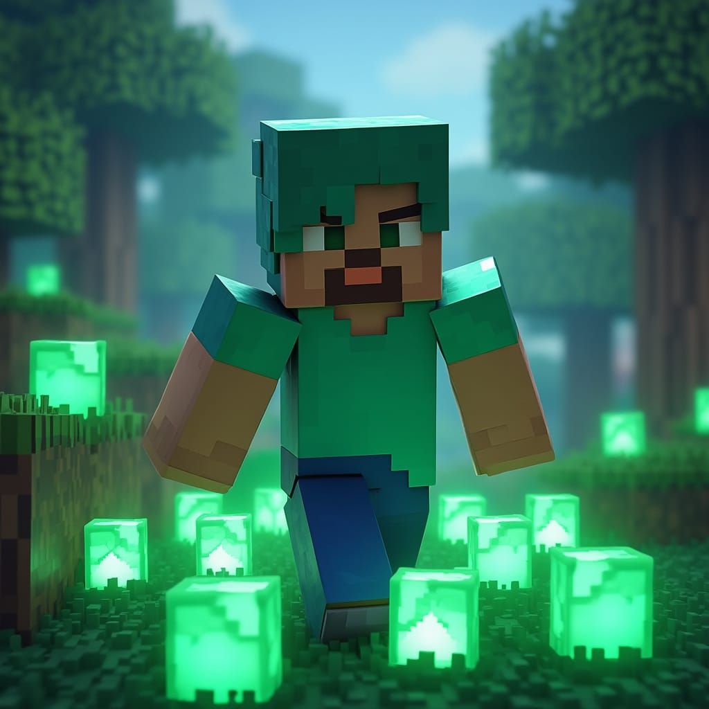 Minecraft Character Surrounded by Glowing Emerald Blocks