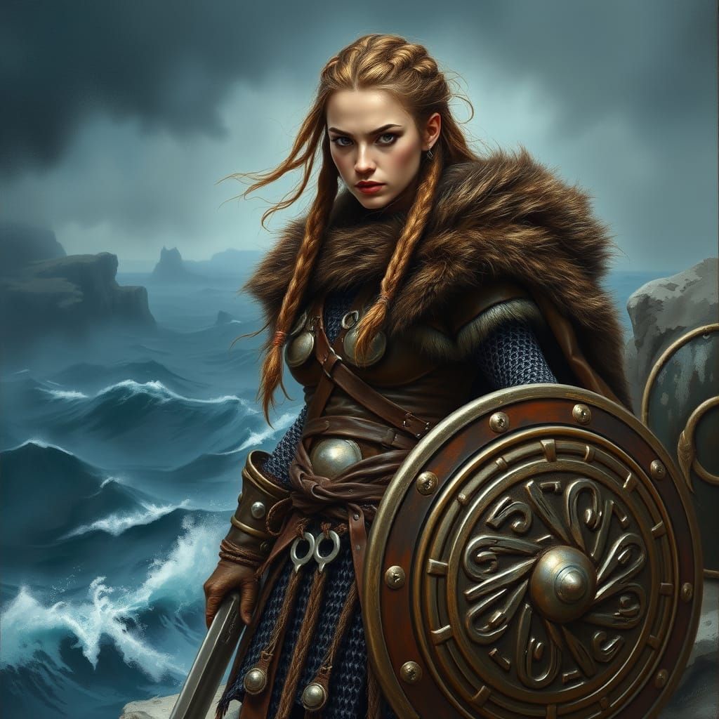 Viking Shield Maiden on Windswept Cliff