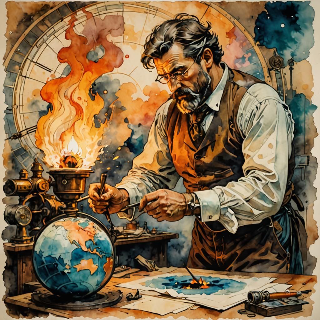 Angry Man Burns Earth in Steampunk Ink Painting