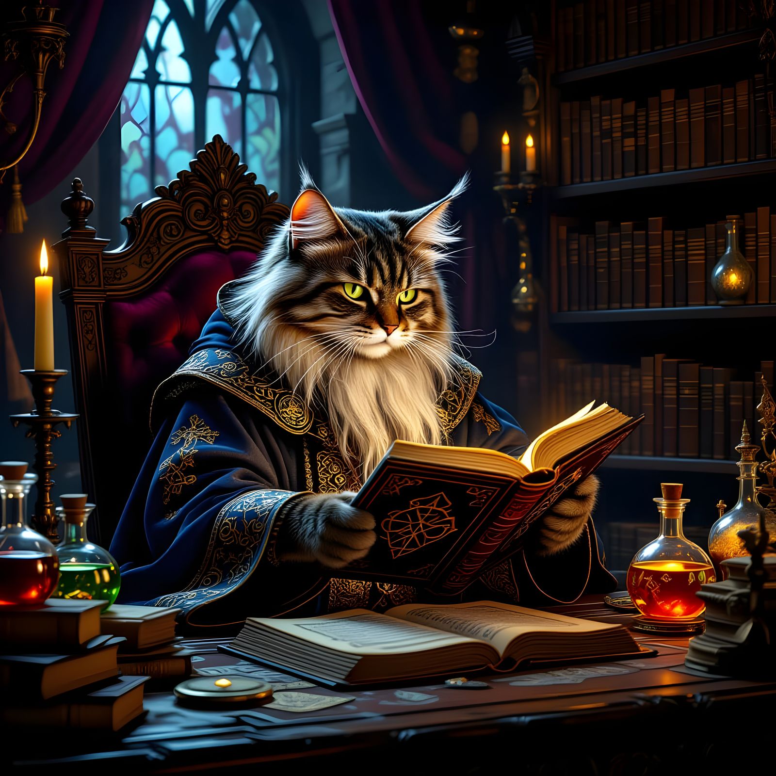 Tabby Cat Wizard Studying Mystical Tome