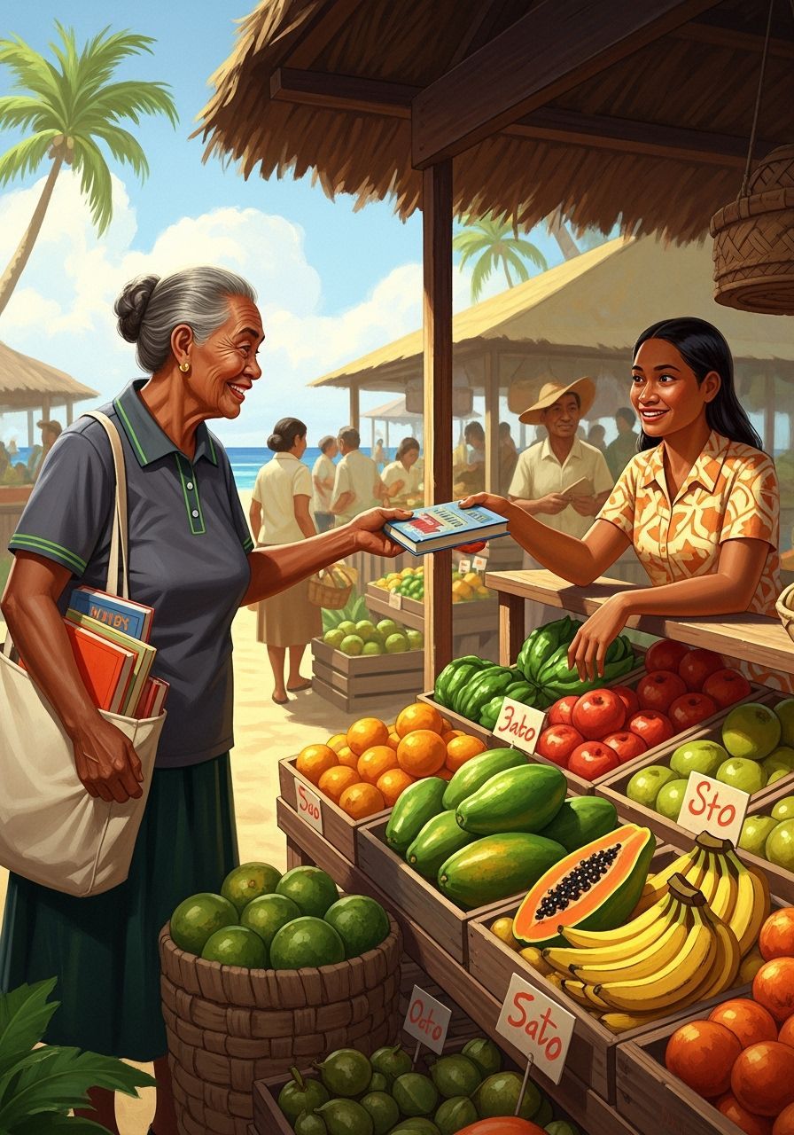 Pacific Island Market Scene in Vintage Illustration Style