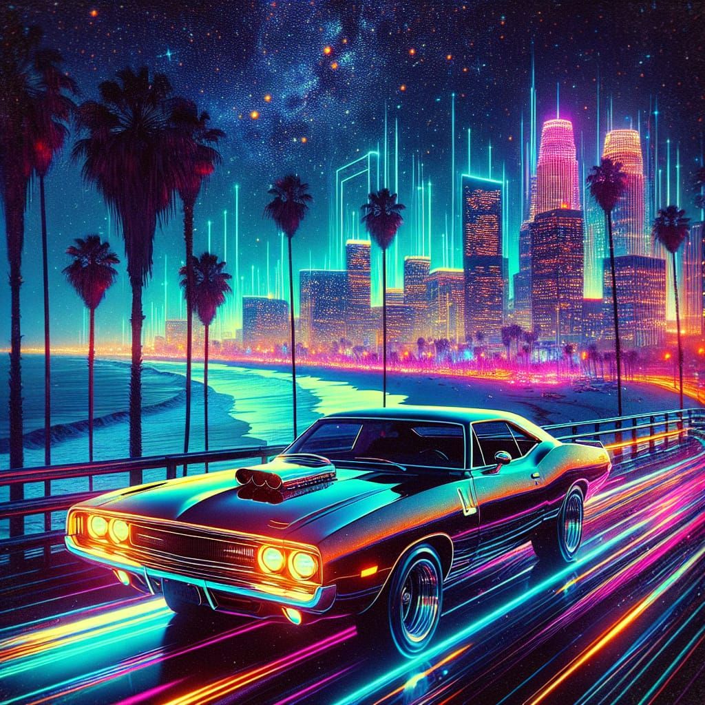 Muscle Car Drives Down Beach in Synthwave Style