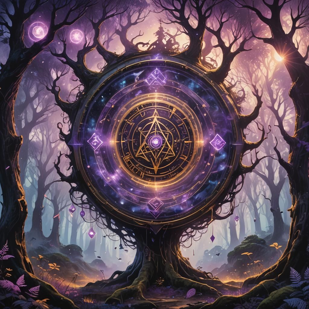 Mysterious Runed Object in Misty Forest, Alfonso Maesta Styl...