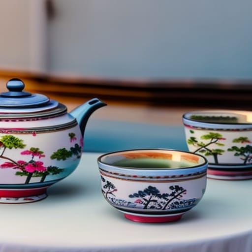 Hyperrealistic Japanese Tea Set in Living Room