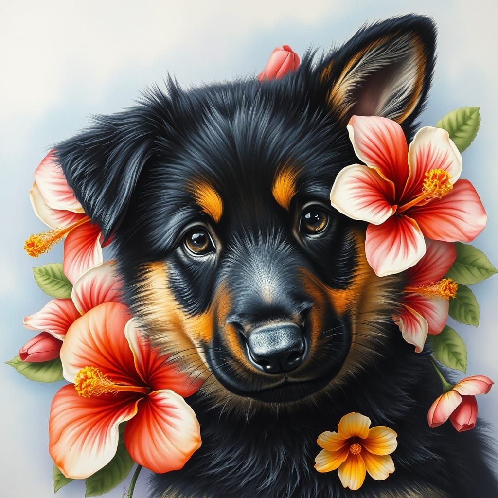 Vibrant Charcoal Portrait of German Shepherd Puppy Amidst Hi...