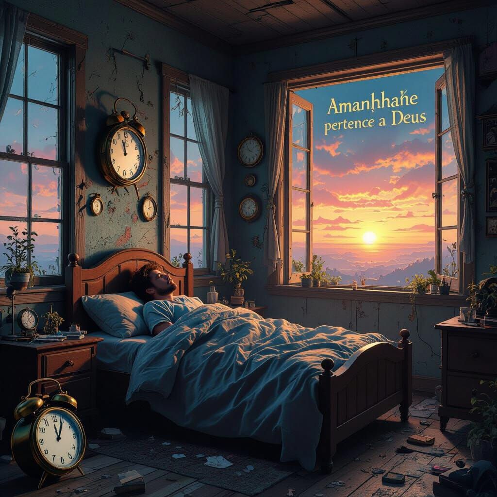 Man Waking to Vibrant Dawn in Mysterious Room