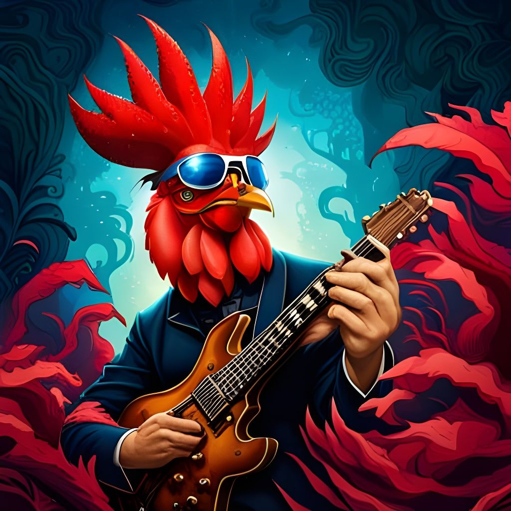 Cool Rooster Shredding Guitar: Digital Art Masterpiece