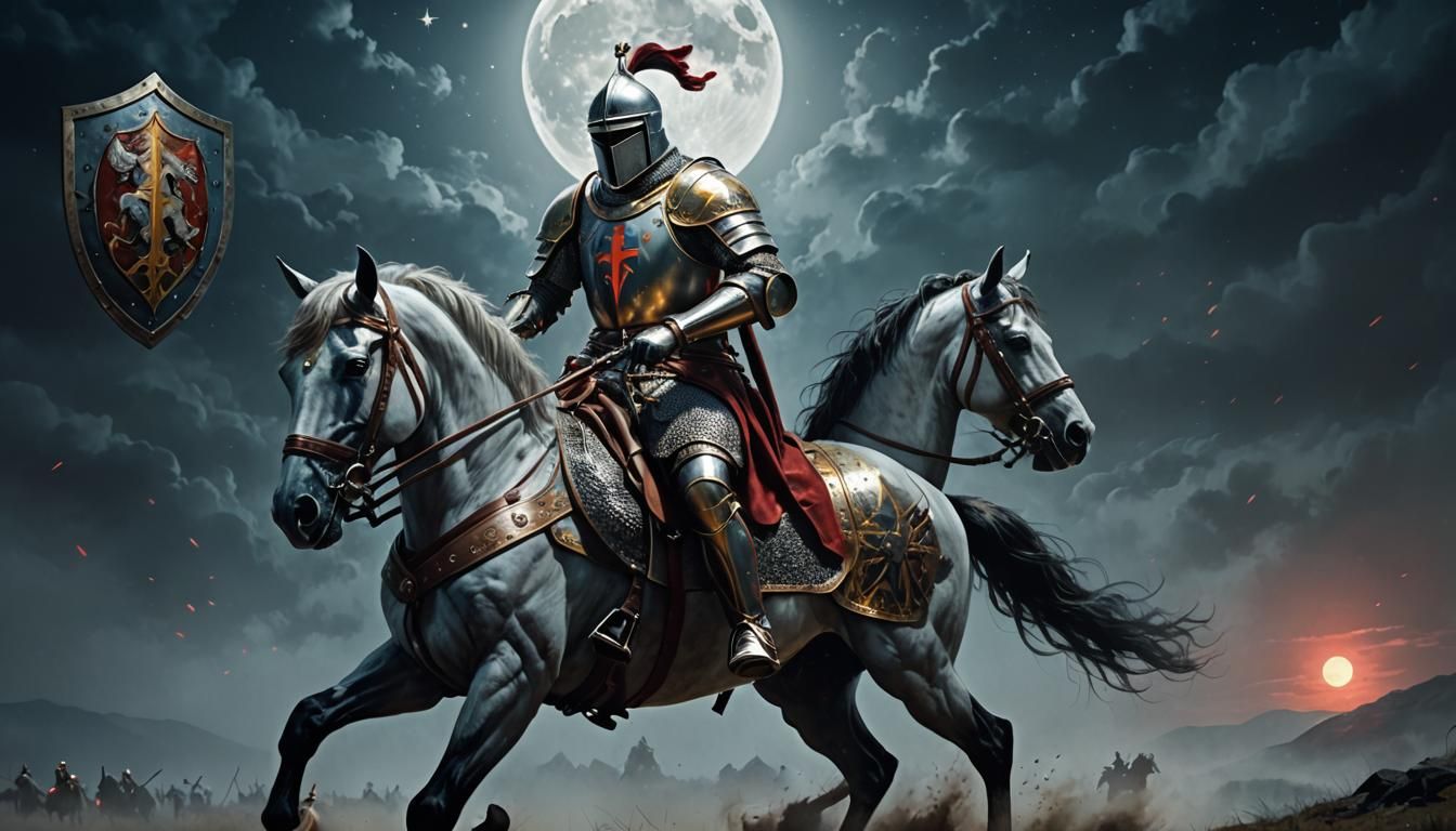 Templar Knight on Horseback in Moonlight Battle