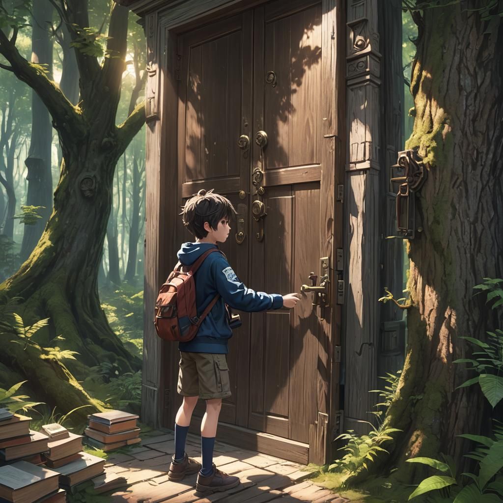 Boy Opens Door to Forest: 3D Anime Art