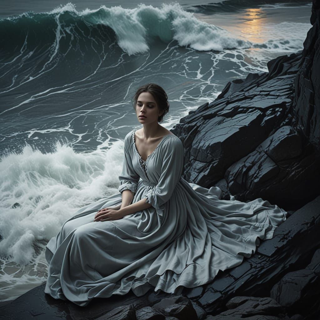 Baroque Woman Contemplates Turbulent Sea in Dramatic Oil Pai...