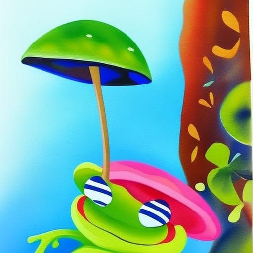 Adorable Frog with Mushroom Hat in Gouache Style