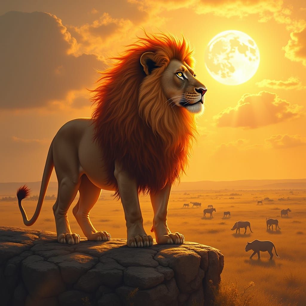 Regal Lion with Flaming Mane on Cliff Overlooking Savannah