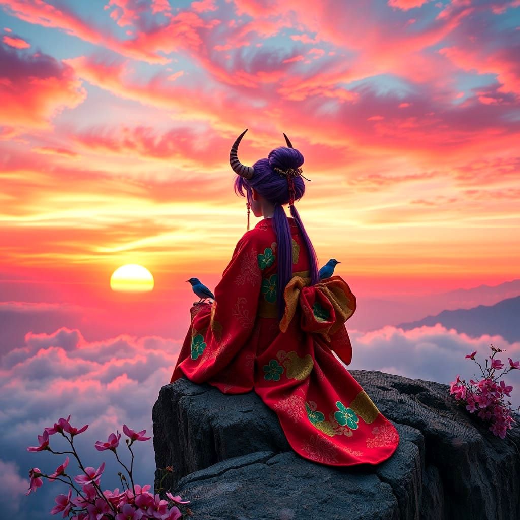 Japanese Geisha Angel Sits on Cliff's Edge Amidst Vibrant Su...