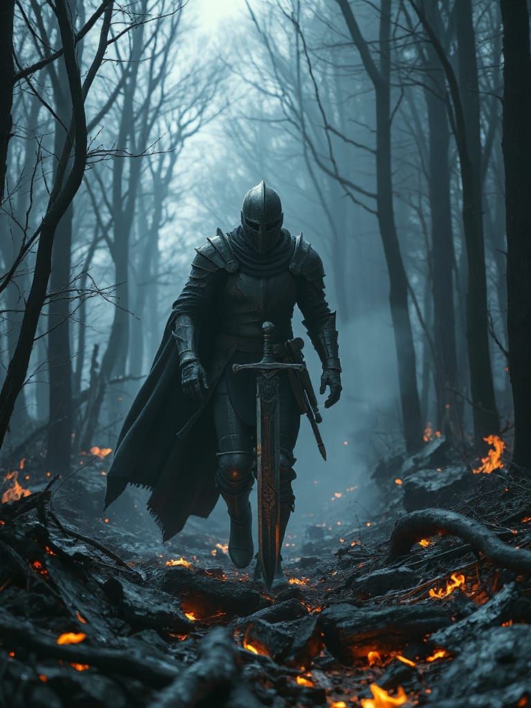Smoldering Knight in Charred Forest: Fantasy Art