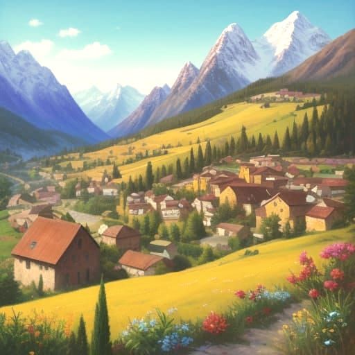 Vibrant Oil Painting of a Sunny Mountain Village