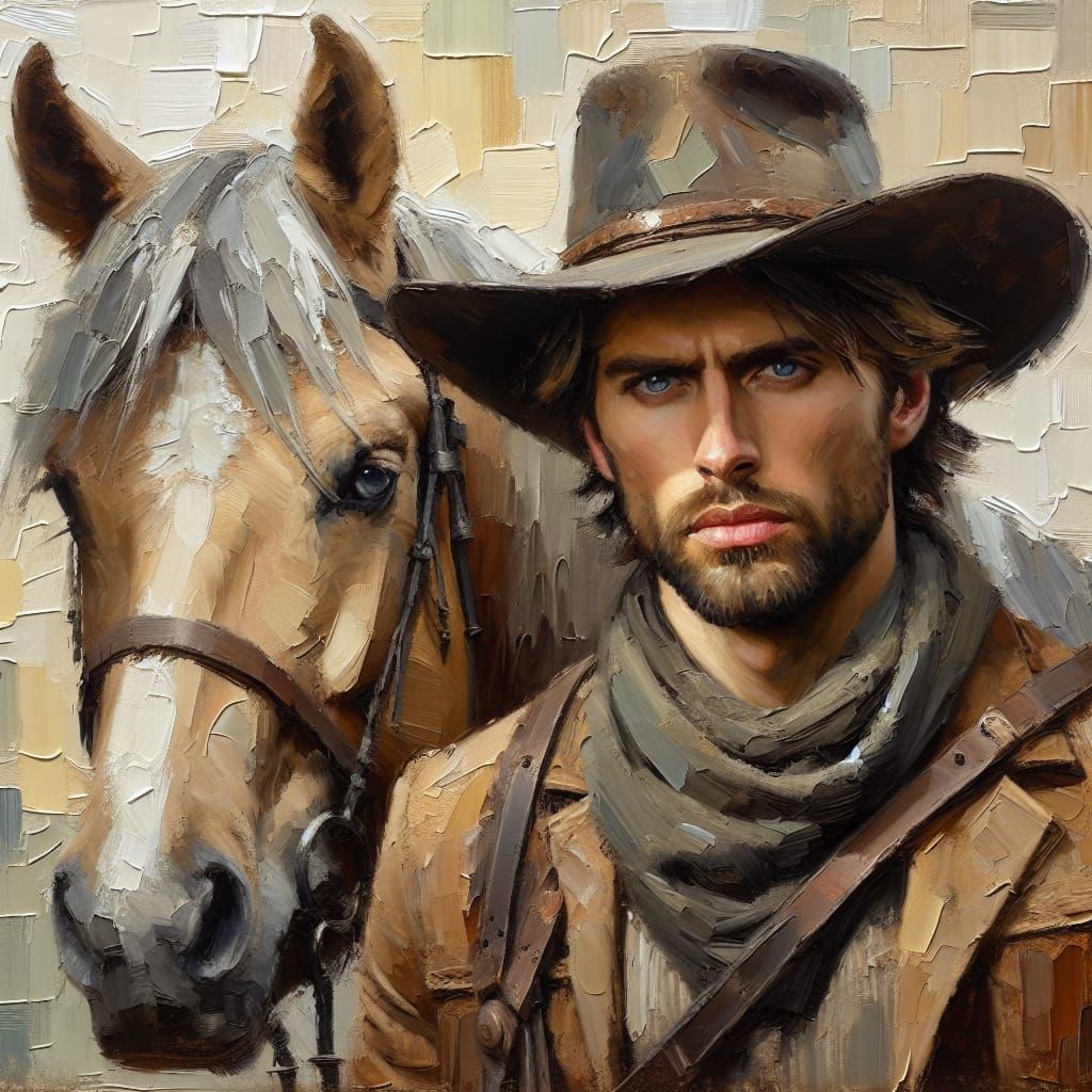 Cowboy and Palomino Horse as Impasto Painting