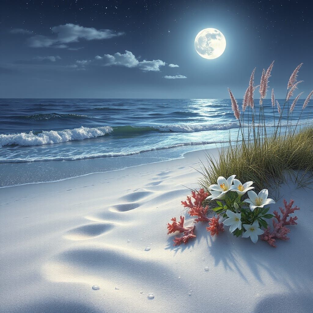 Moonlit Bioluminescent Ocean Shore at Night