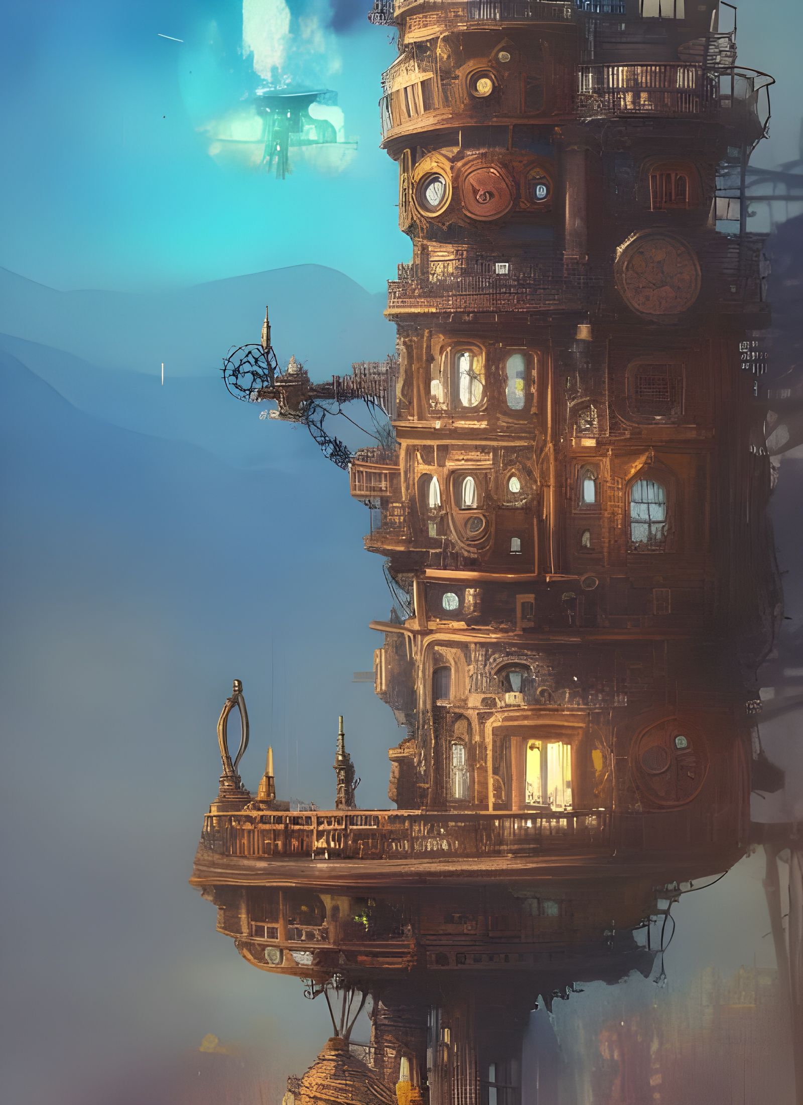 Steampunk Tower on Mountain Lake in Watercolor Style