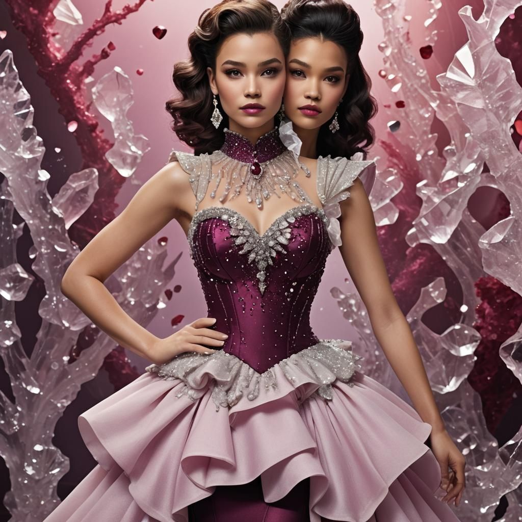 Woman in Crystal Dress in Ballroom, Hyperrealistic