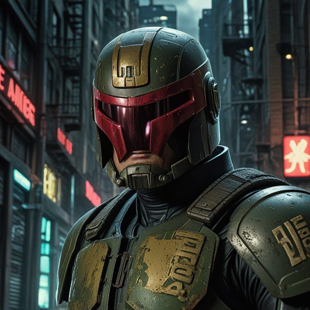 Judge Dredd in Dystopian Cityscape, Comic Book Style