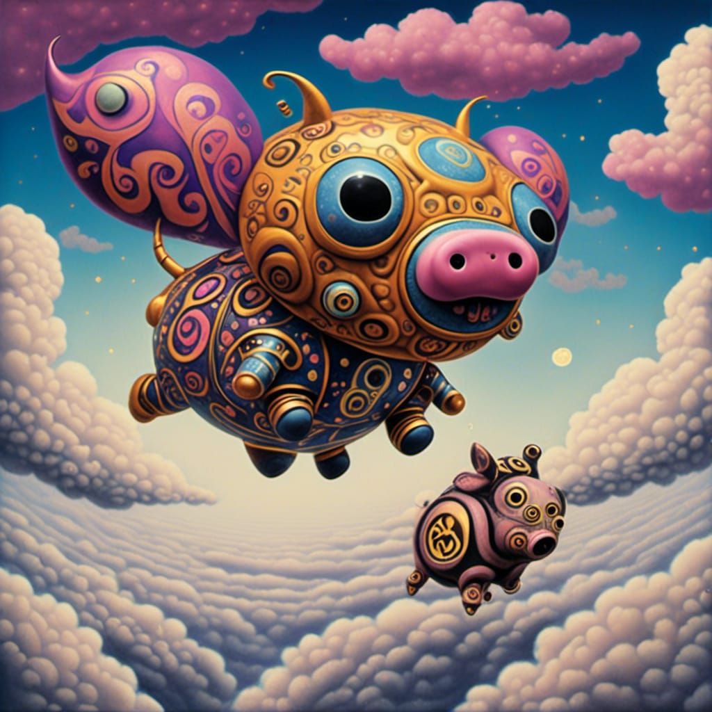 Cute Robot Flying Pig in the Clouds