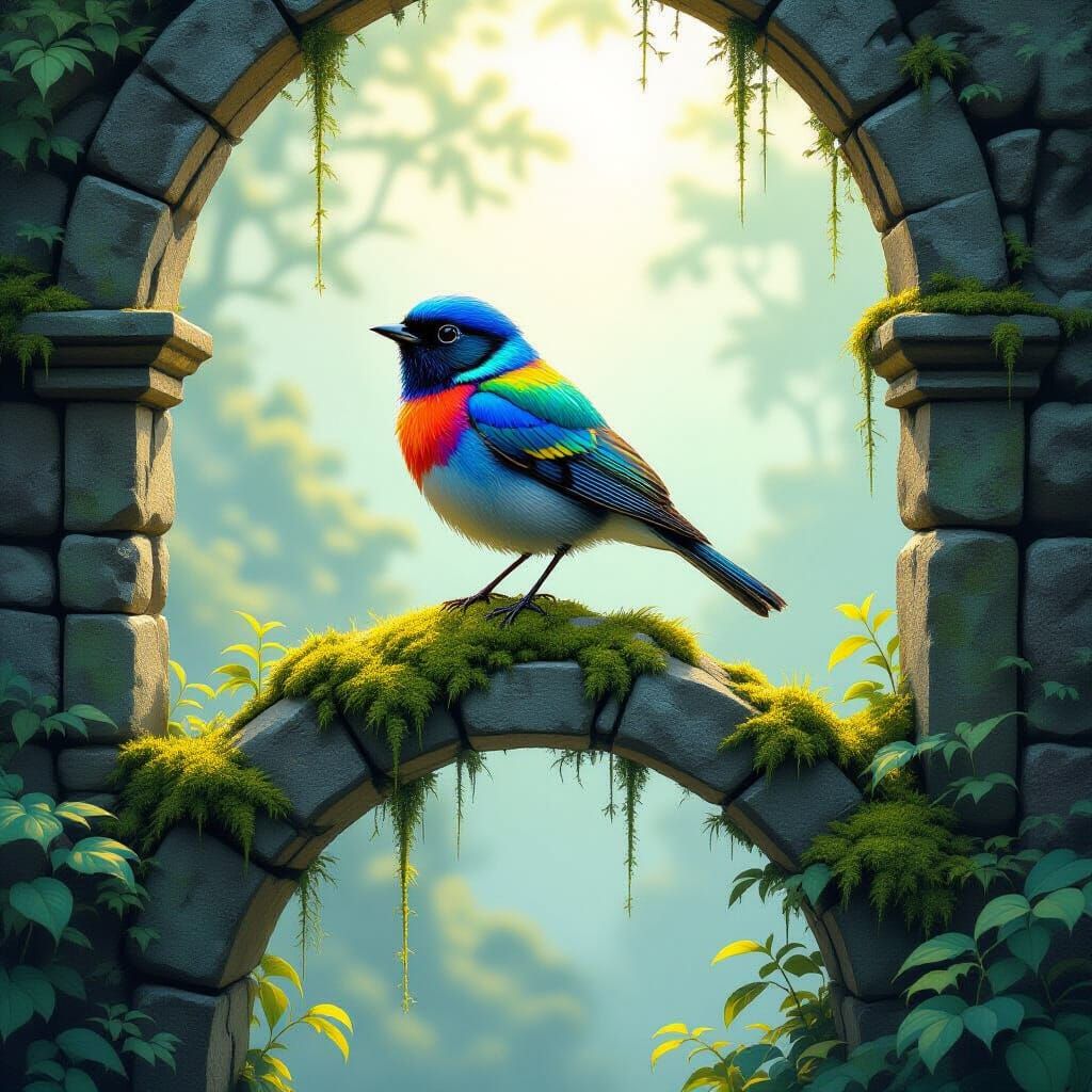 Iridescent Songbird on Ancient Archway