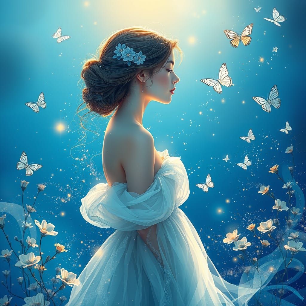 Ethereal Woman Portrait with Flowers in Digital Art Style