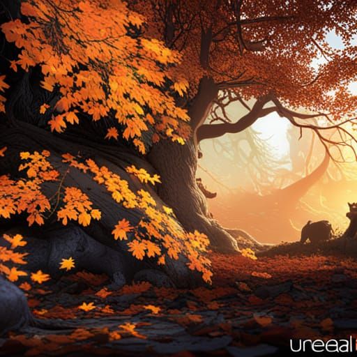 Dog in Autumn Forest: Detailed Matte Painting