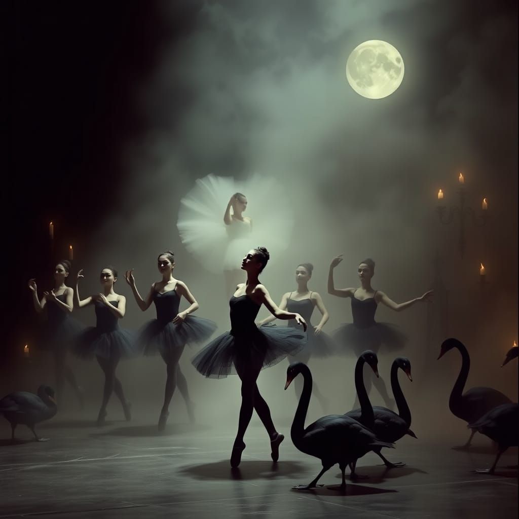 Ethereal Black Swan Ballet in a Haunting Gothic Setting