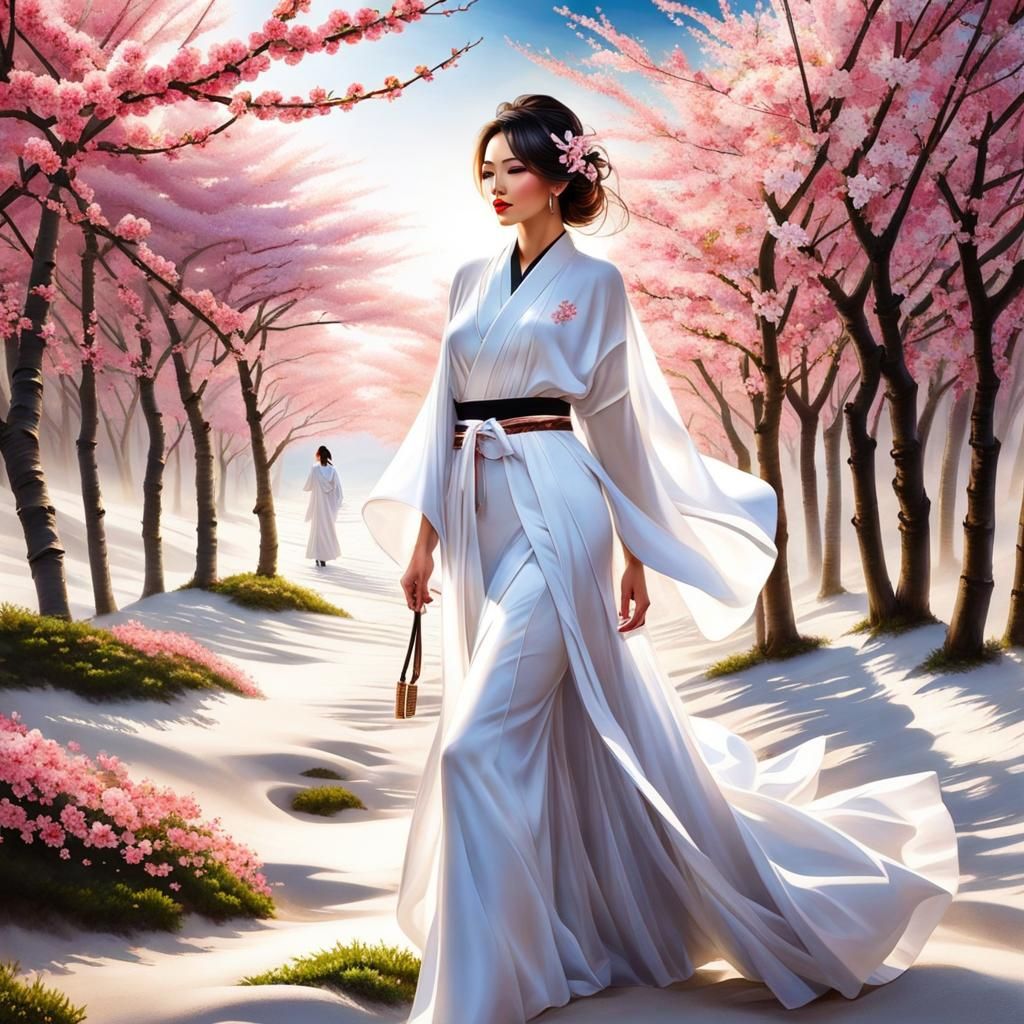 Woman in Kimono in Cherry Blossom Grove