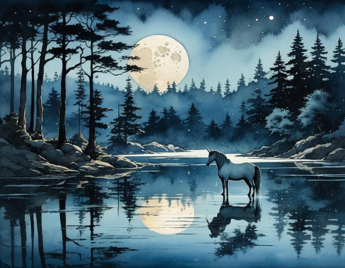 Unicorn at Moonlit Lake in Watercolor Style
